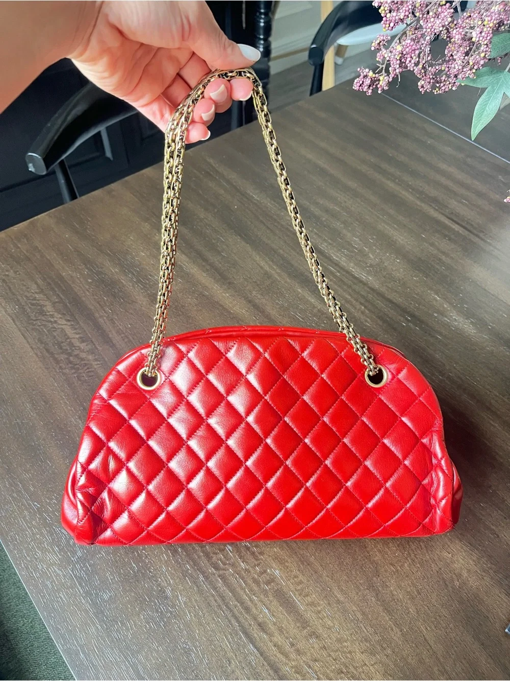 CHANEL Red Quilted Leather Shoulder Bag with Gold Chain and CC Charm